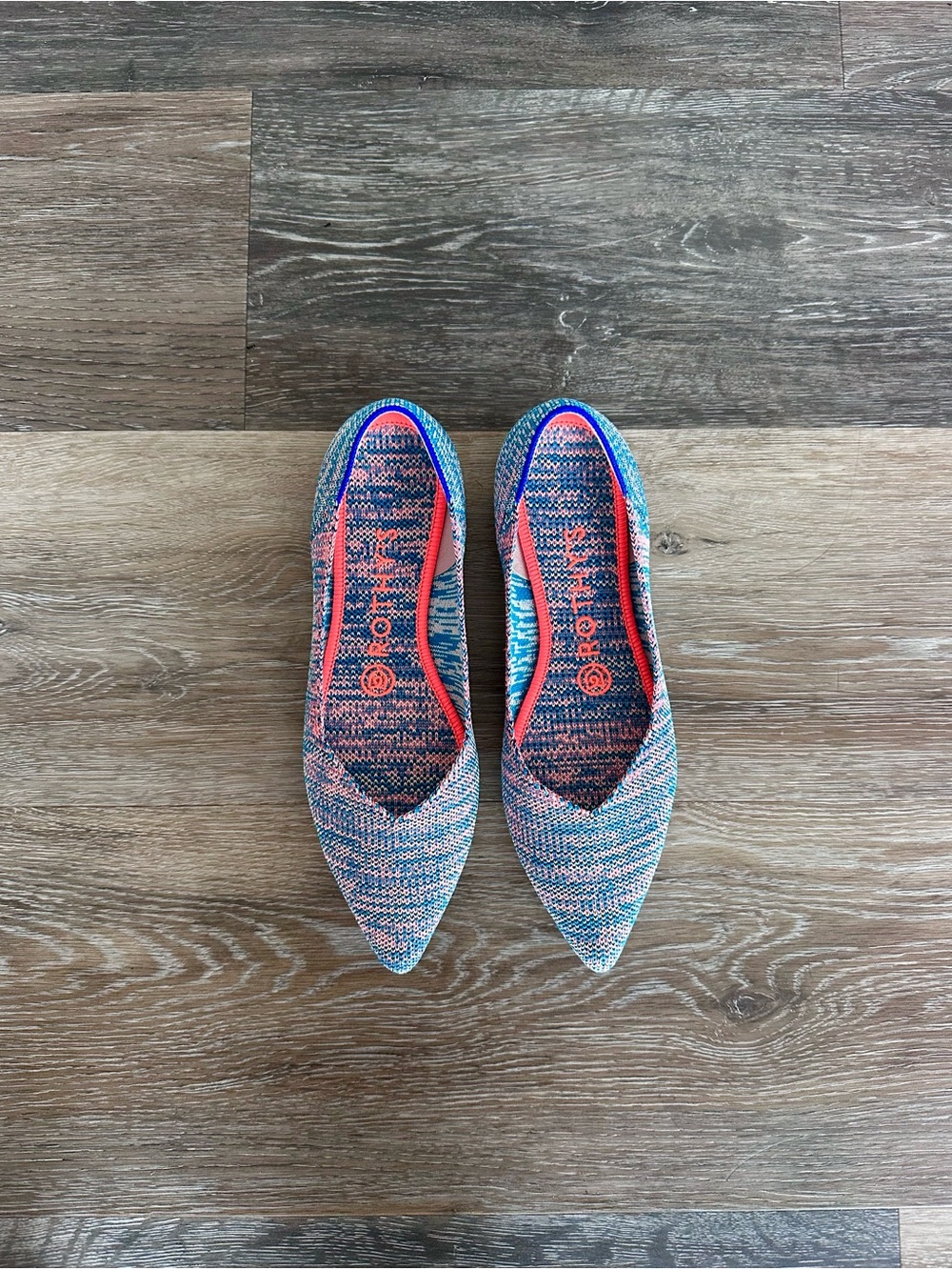 Rothy's Original Point Flats in Coral & Blue